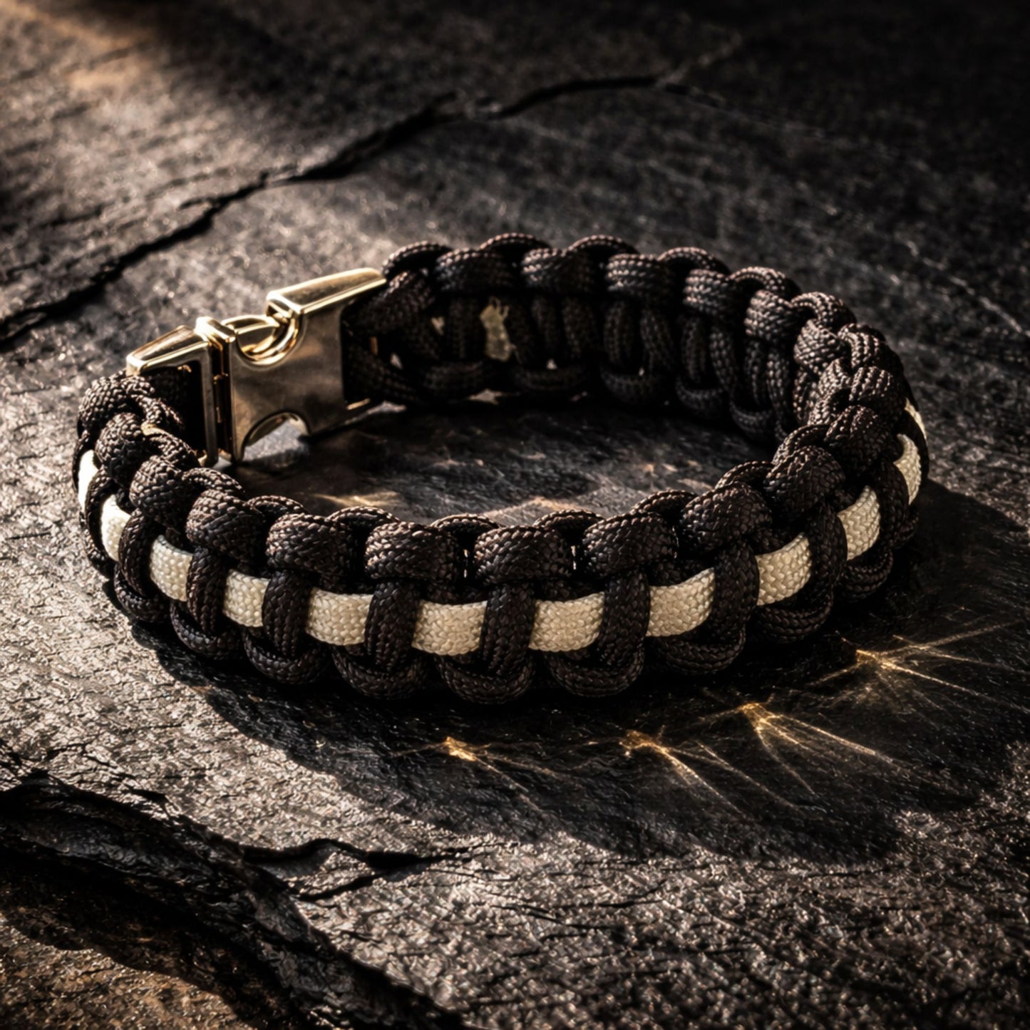 Black and white braided bracelet on a dark stone surface