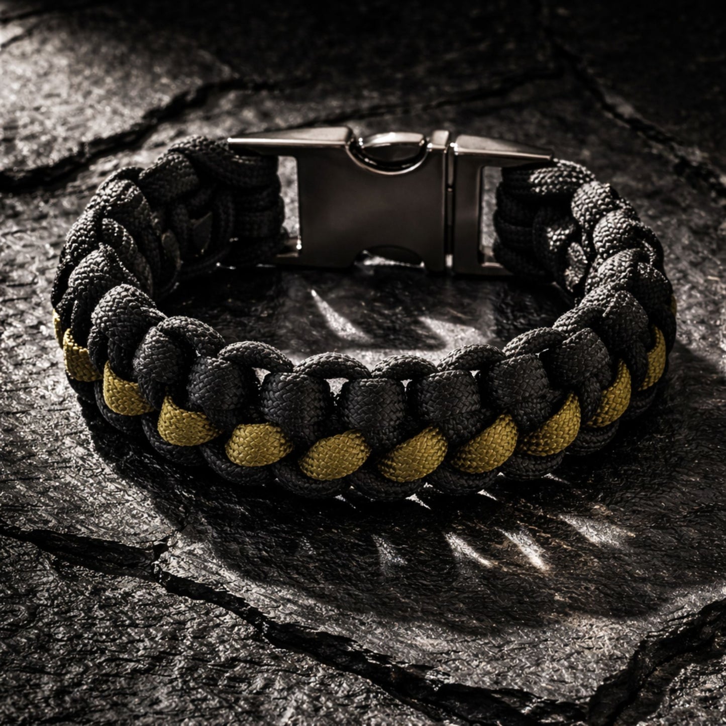 Black and Olive green bracelet with braided design and metal clasp on a dark stone surface