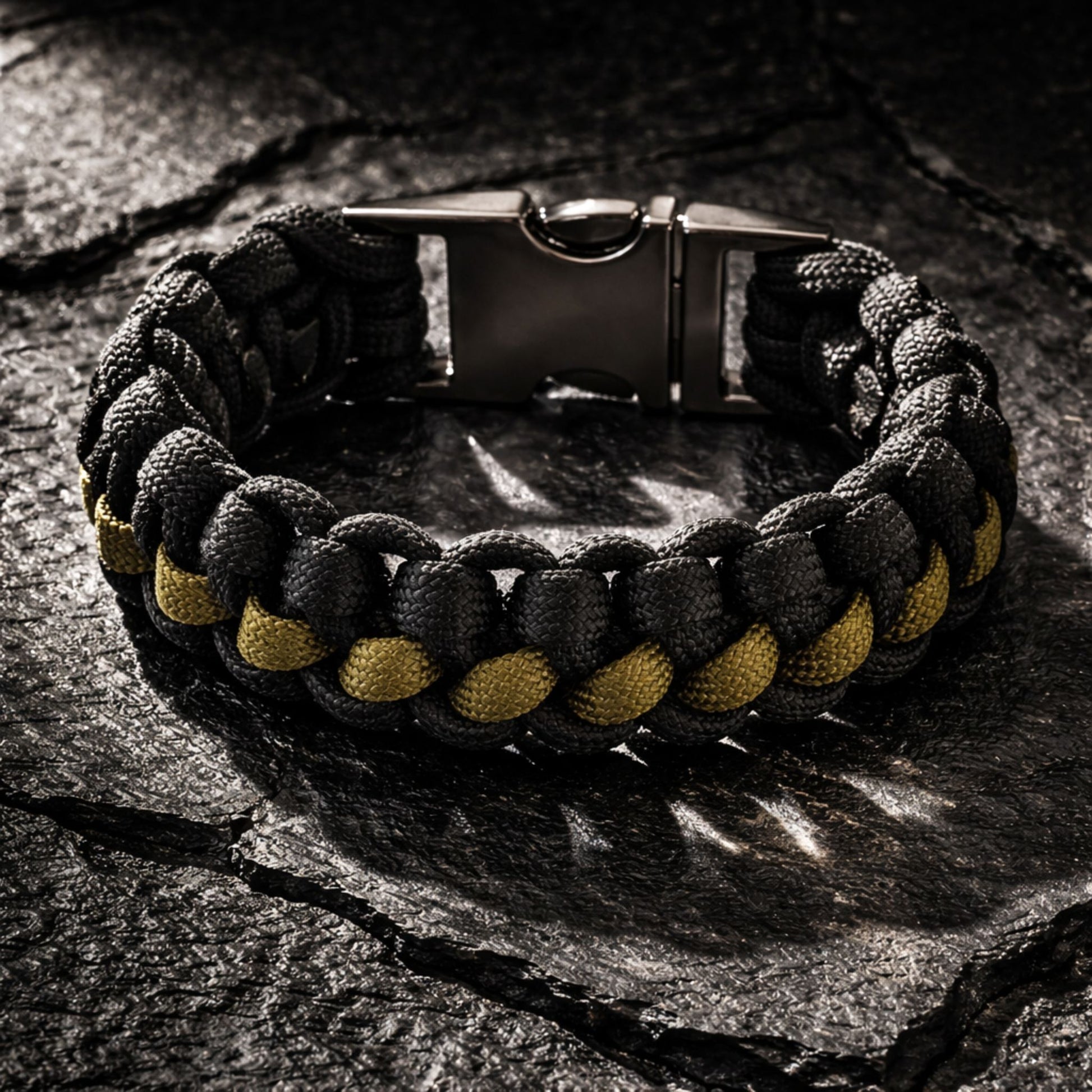 Black and Olive green bracelet with braided design and metal clasp on a dark stone surface
