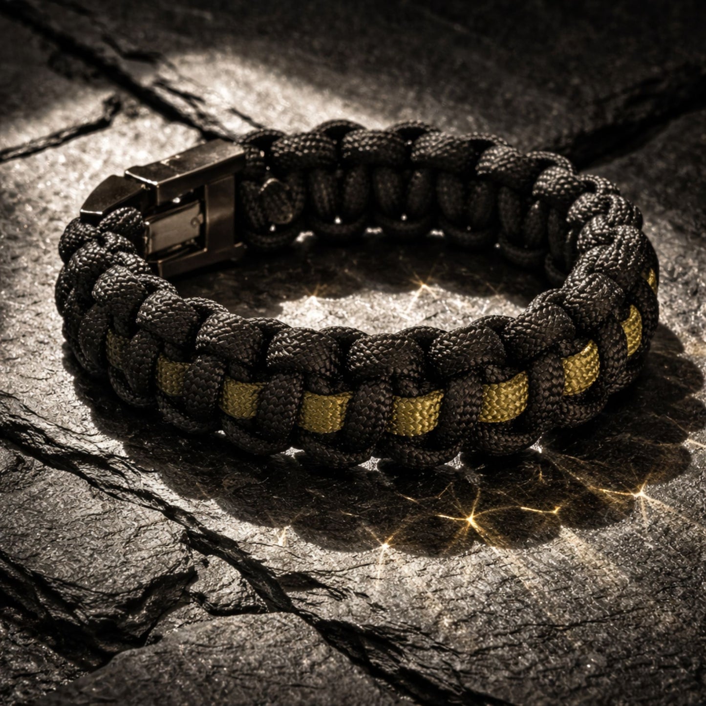 Black and olive green paracord bracelet on a dark stone surface